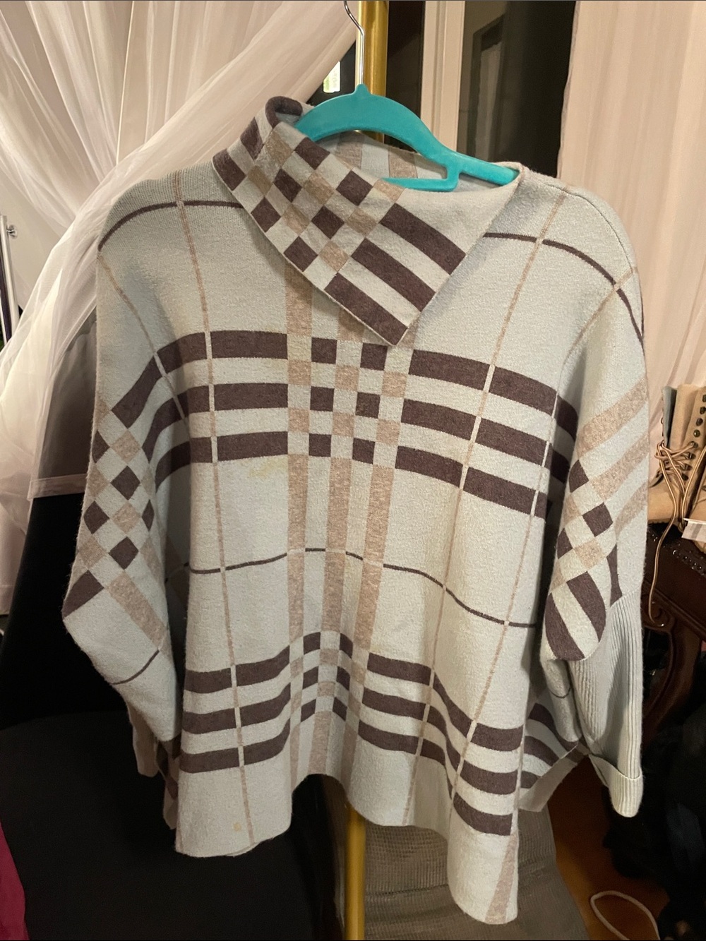 Plaid Mock-Neck Women's Sweater in Light Blue and Grey